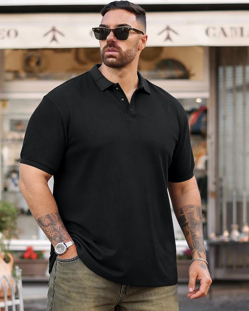 bewakoof Men's Jet Black Textured Plus Size Polo T-shirt